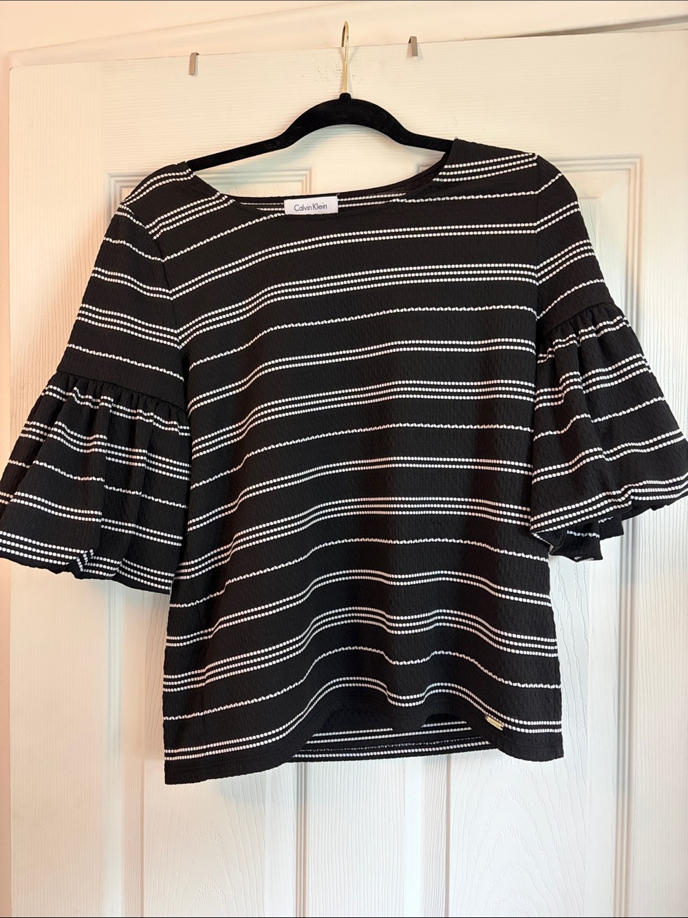 Calvin Klein Black Top with White Stripes and Ruffle Sleeves